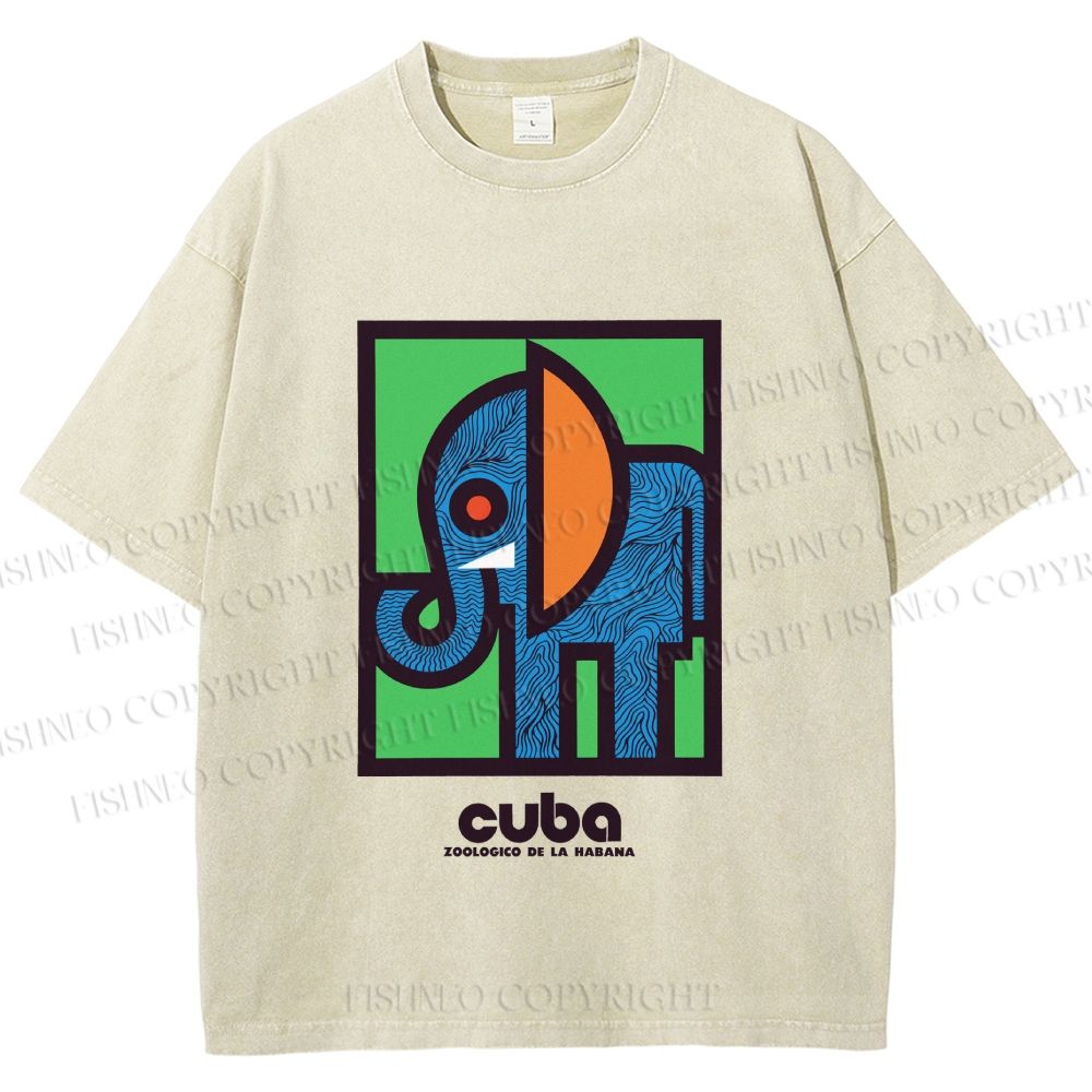 Unisex Cuban Zoo Elephant Printed Washed Tee