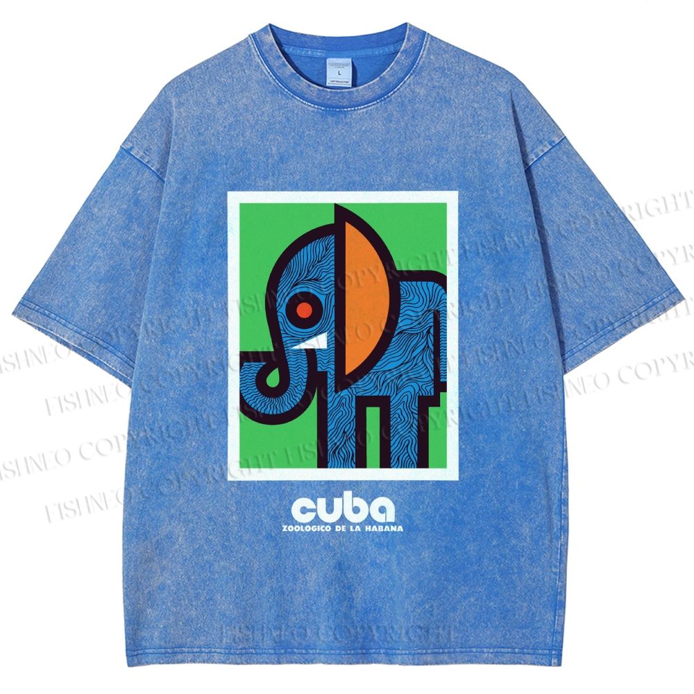 Unisex Cuban Zoo Elephant Printed Washed Tee