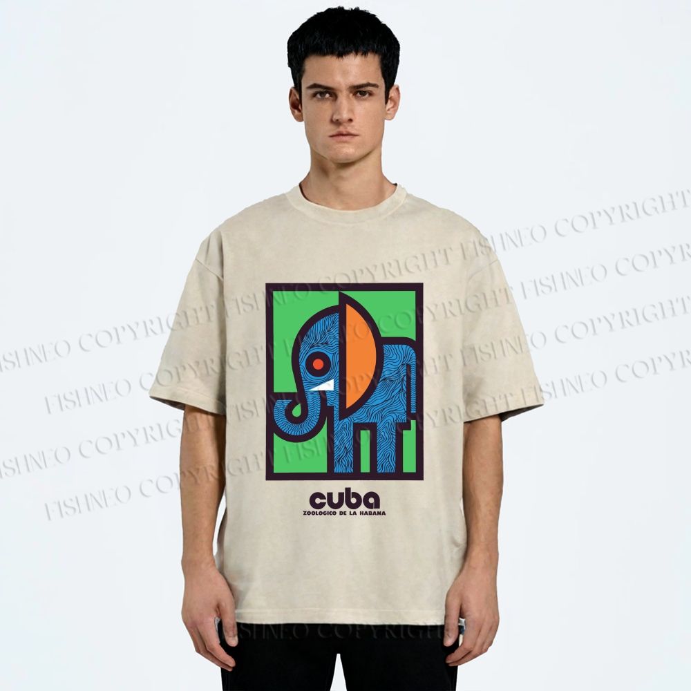 Unisex Cuban Zoo Elephant Printed Washed Tee