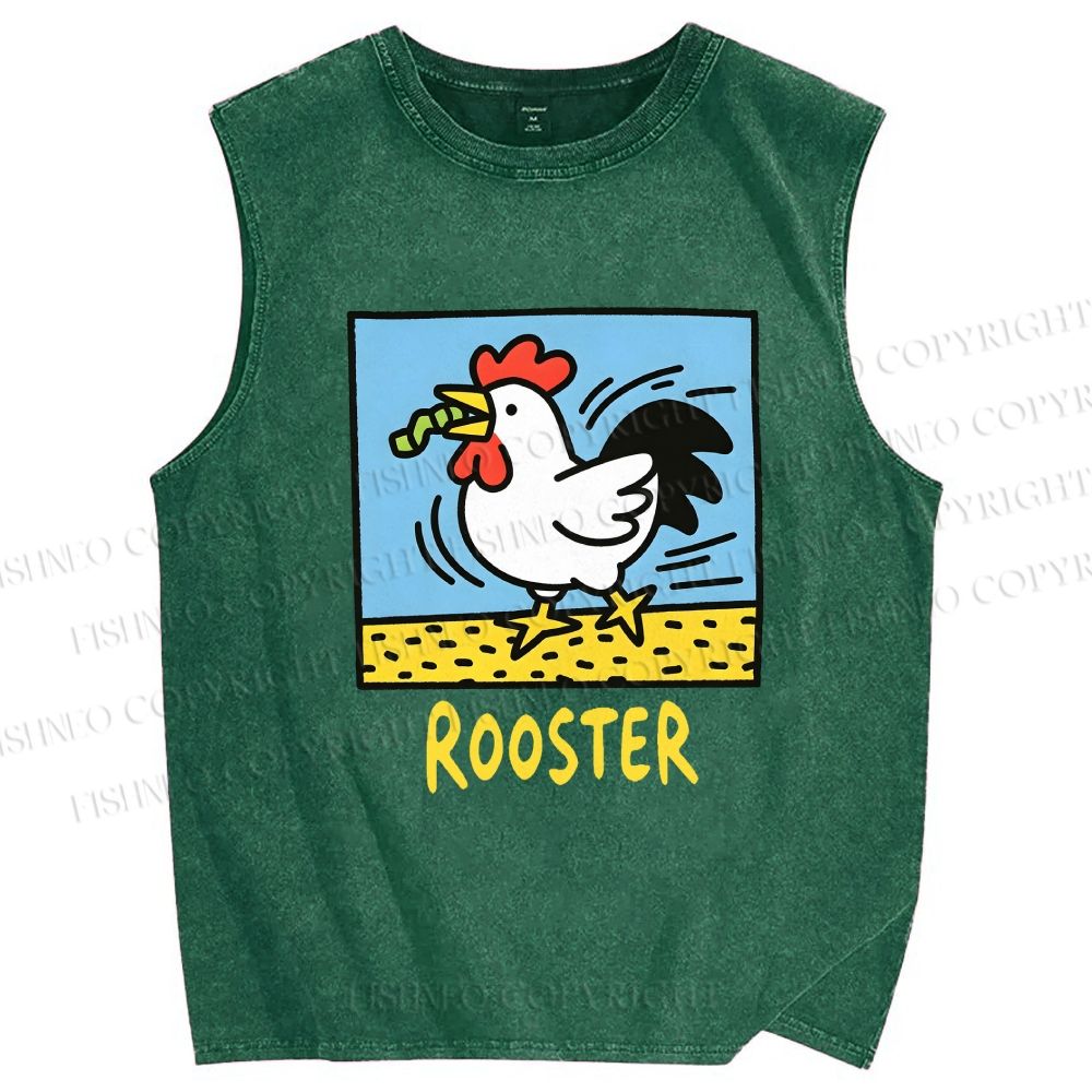 Unisex Rooster Printed Washed Tank Top