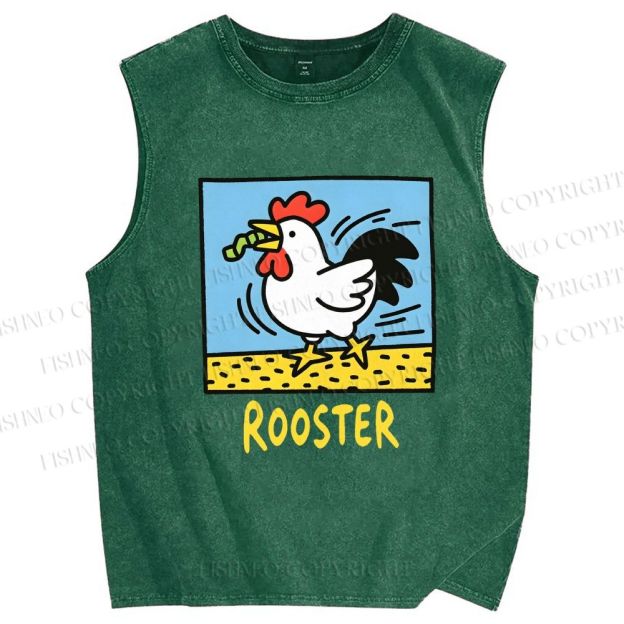 Unisex Rooster Printed Washed Tank Top
