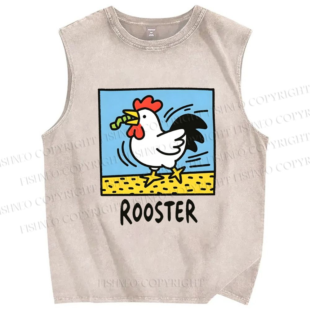 Unisex Rooster Printed Washed Tank Top