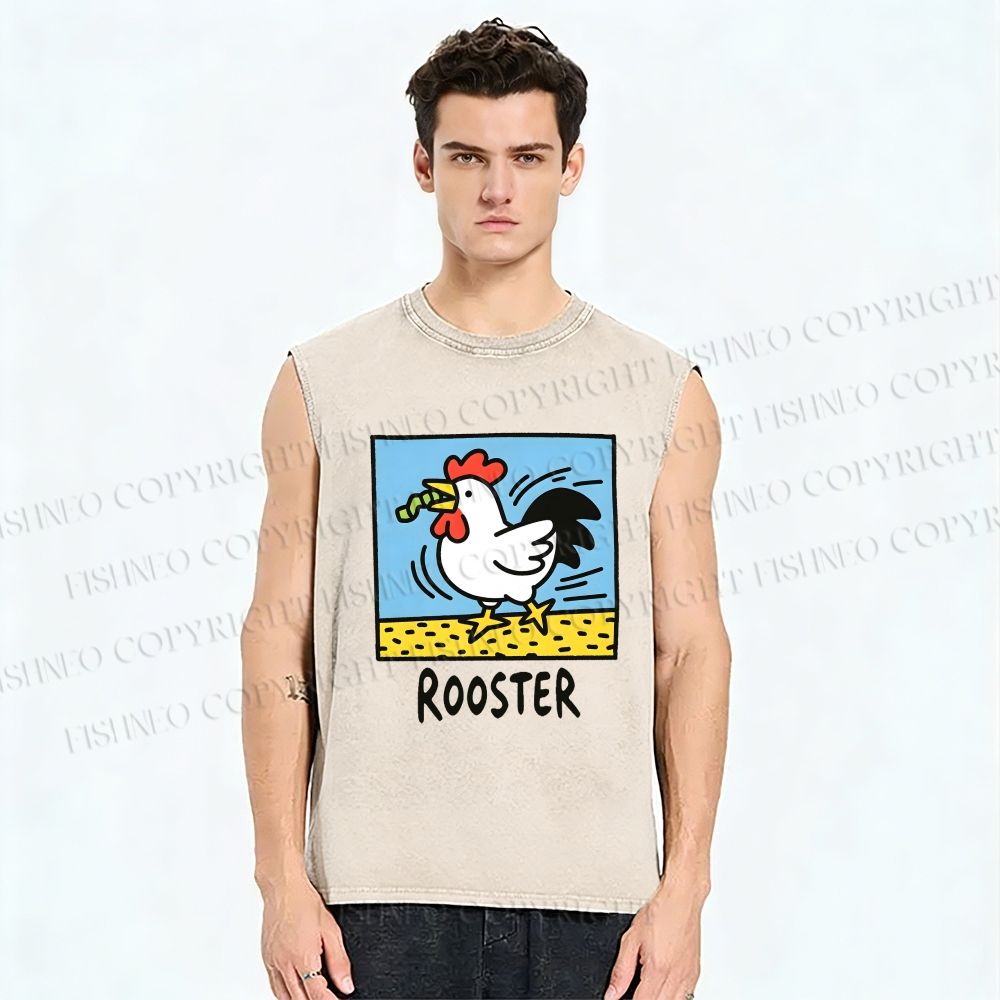 Unisex Rooster Printed Washed Tank Top