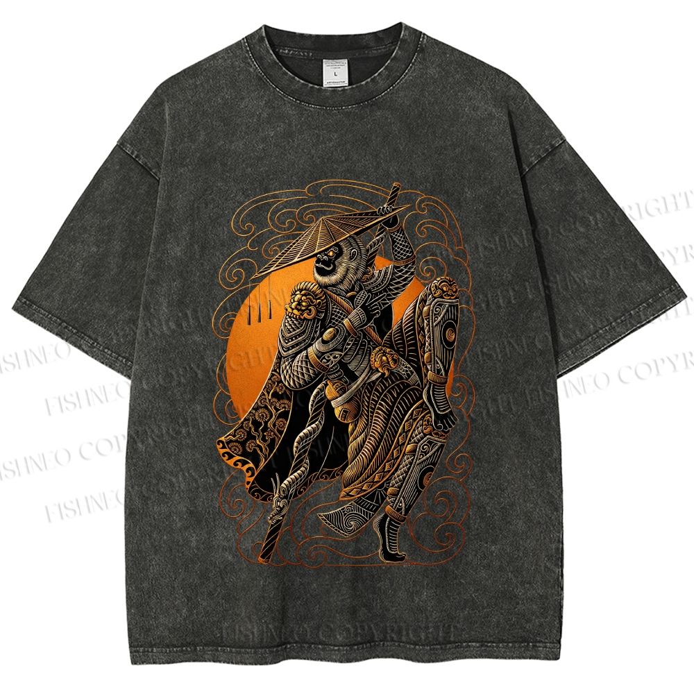 Unisex Retro Samurai Monkey Warrior Ukiyo-e Printed Washed Tee