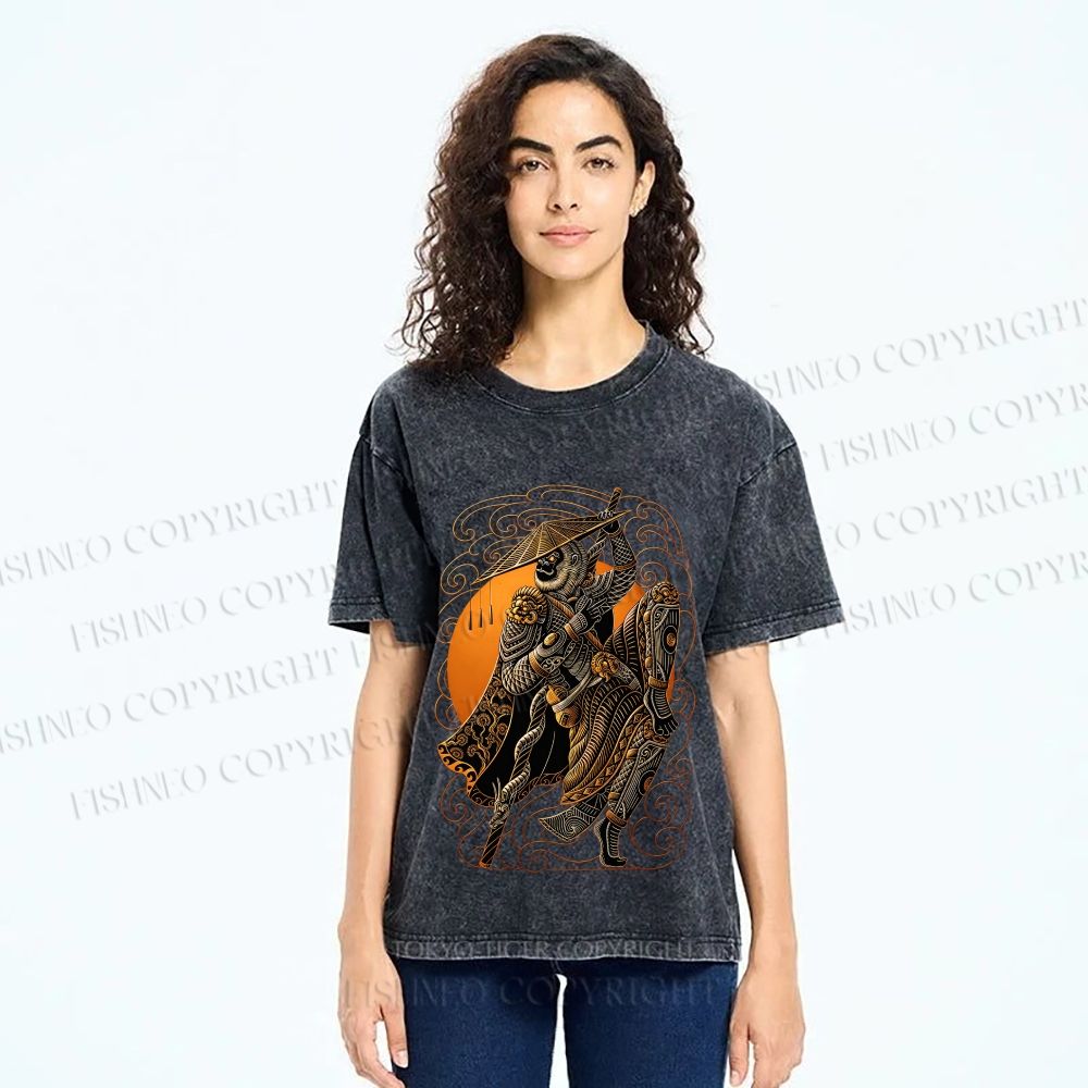 Unisex Retro Samurai Monkey Warrior Ukiyo-e Printed Washed Tee
