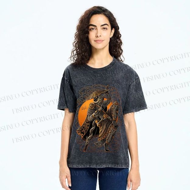 Unisex Retro Samurai Monkey Warrior Ukiyo-e Printed Washed Tee