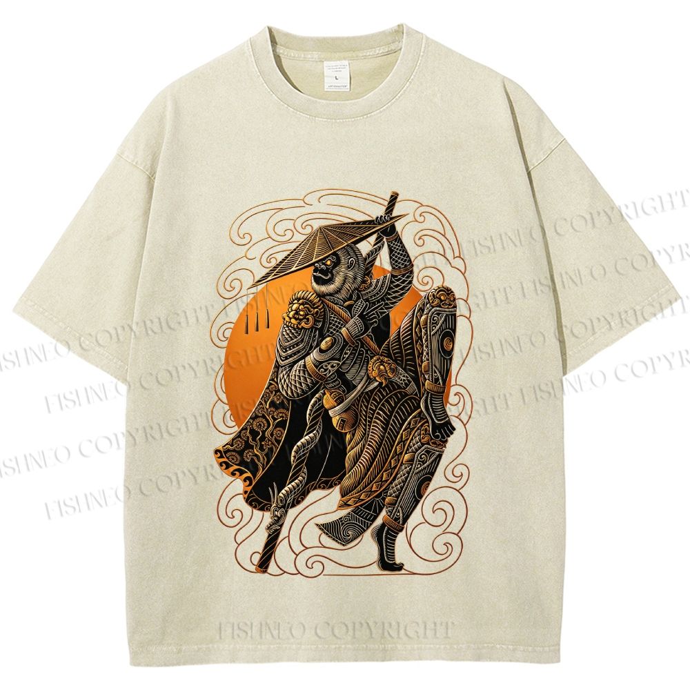 Unisex Retro Samurai Monkey Warrior Ukiyo-e Printed Washed Tee