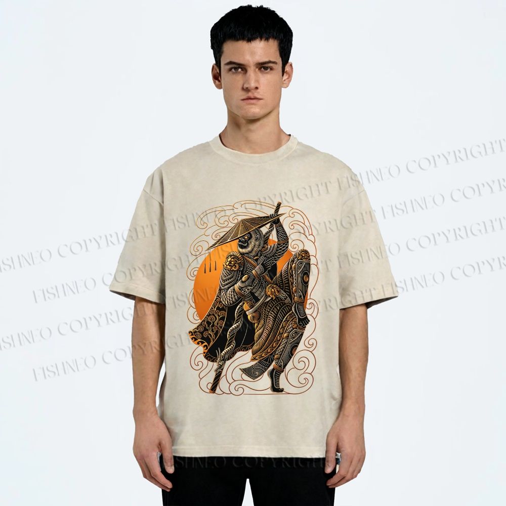 Unisex Retro Samurai Monkey Warrior Ukiyo-e Printed Washed Tee