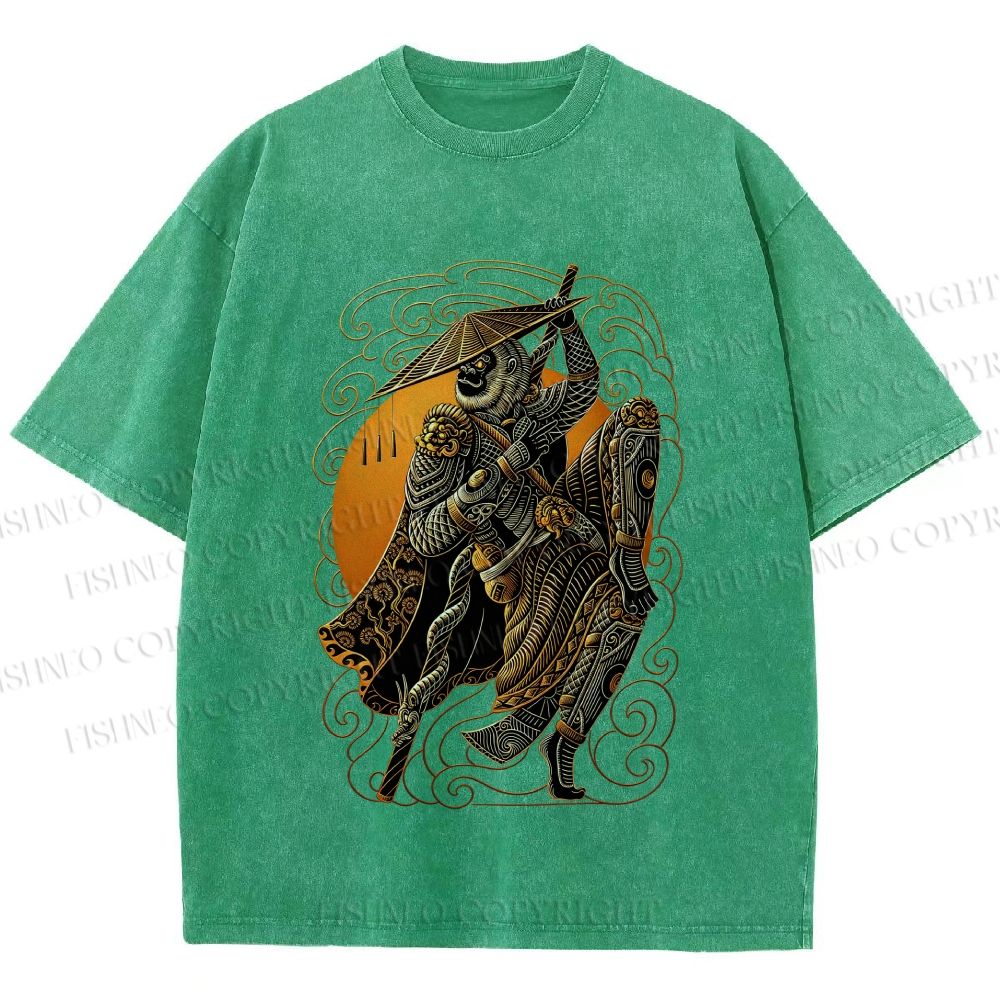 Unisex Retro Samurai Monkey Warrior Ukiyo-e Printed Washed Tee
