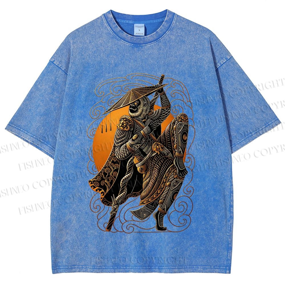 Unisex Retro Samurai Monkey Warrior Ukiyo-e Printed Washed Tee