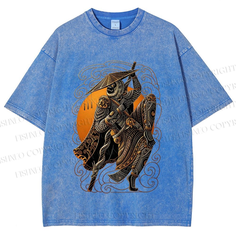 Unisex Retro Samurai Monkey Warrior Ukiyo-e Printed Washed Tee
