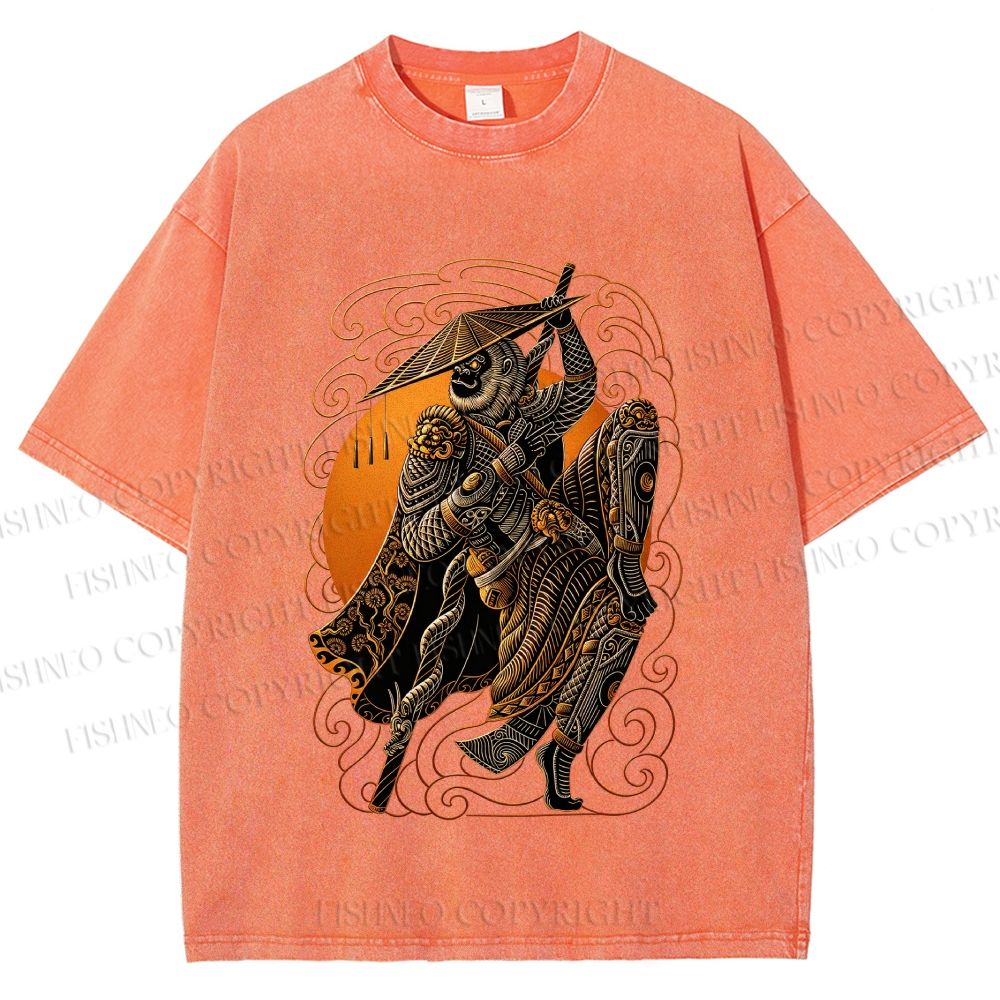 Unisex Retro Samurai Monkey Warrior Ukiyo-e Printed Washed Tee