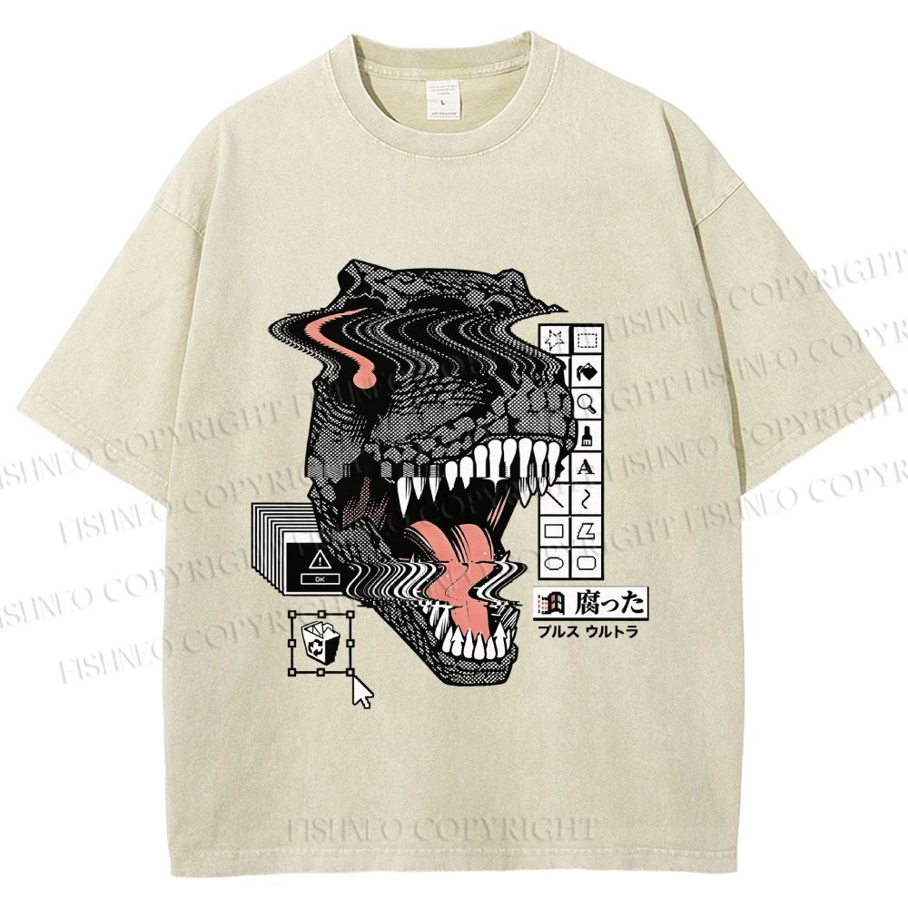 Unisex Glitch Cyber Dinosaur Printed Washed Tee
