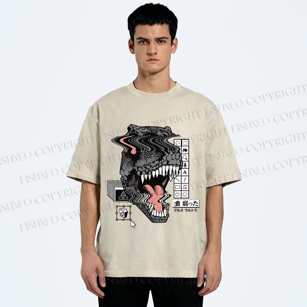 Unisex Glitch Cyber Dinosaur Printed Washed Tee