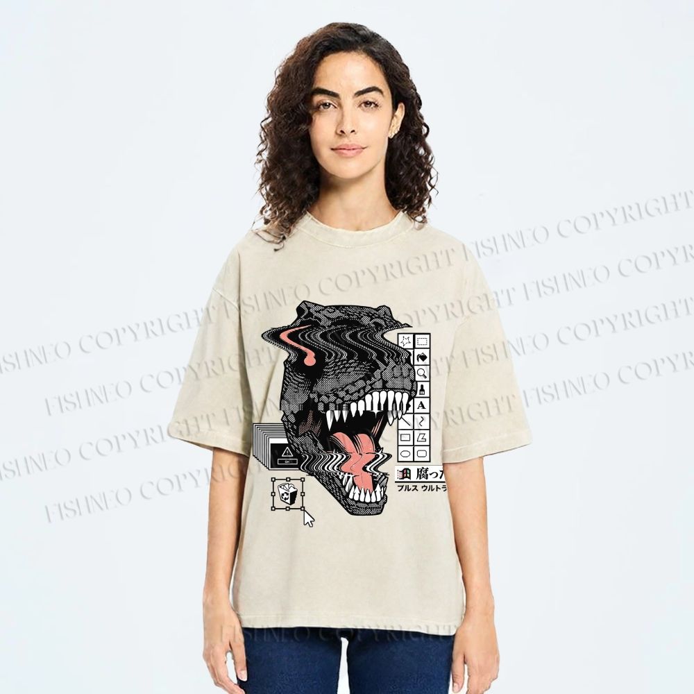 Unisex Glitch Cyber Dinosaur Printed Washed Tee