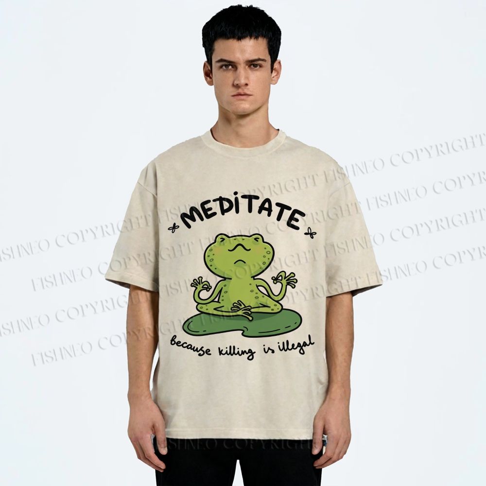 Unisex Funny Meditating Frog Printed Washed Tee