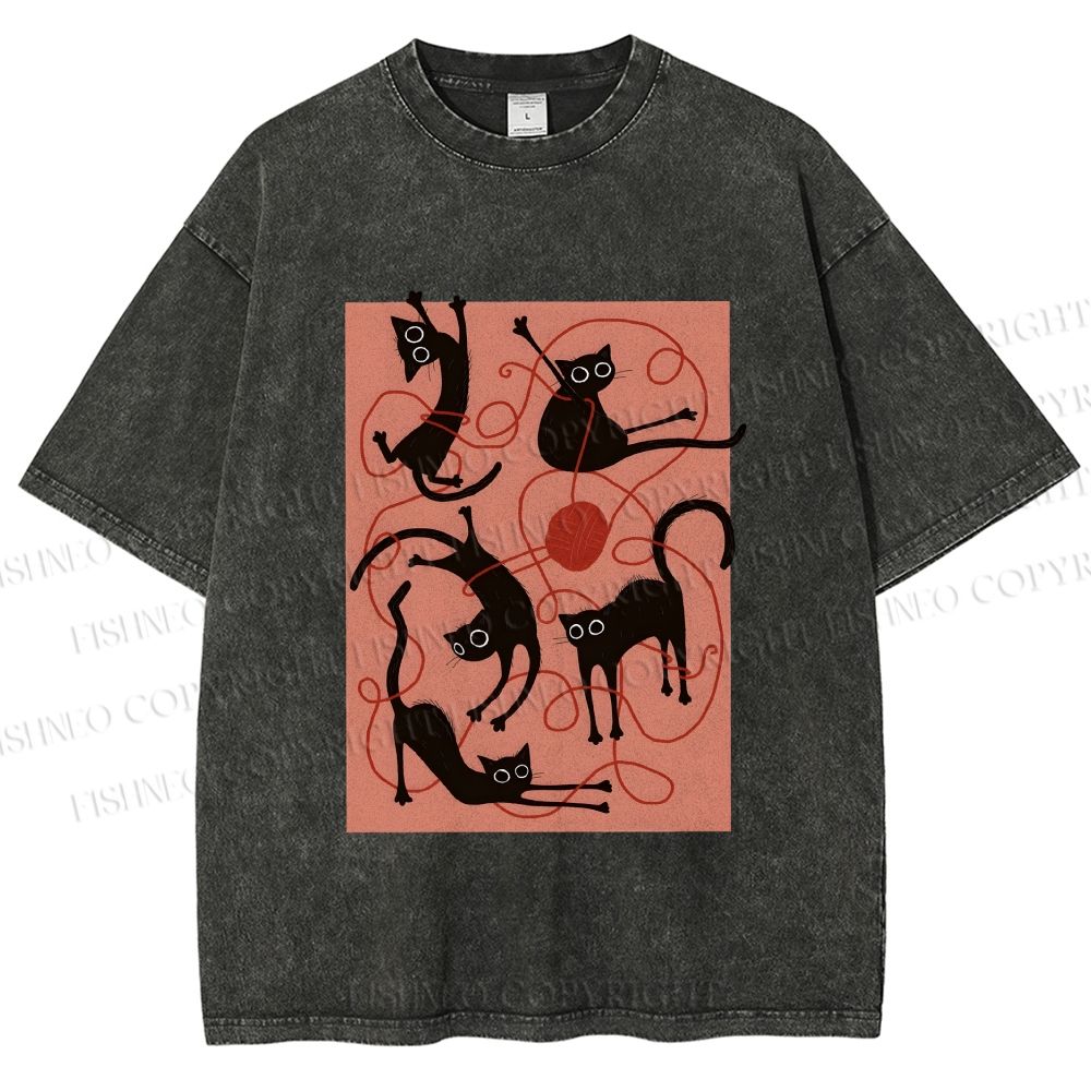 Unisex Black Cat Play Yarn Ball Printed Washed Tee
