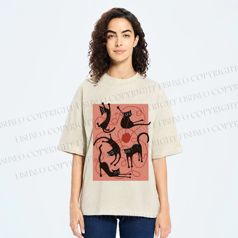 Unisex Black Cat Play Yarn Ball Printed Washed Tee