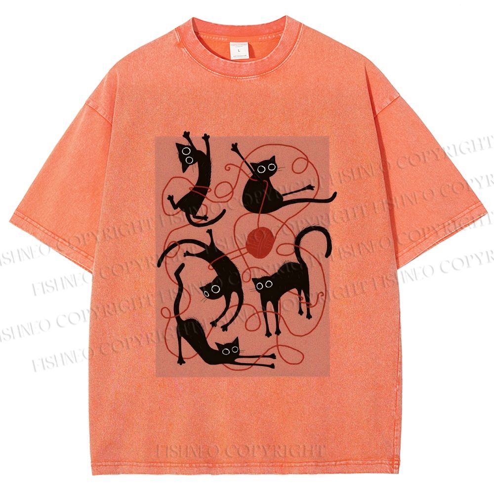Unisex Black Cat Play Yarn Ball Printed Washed Tee