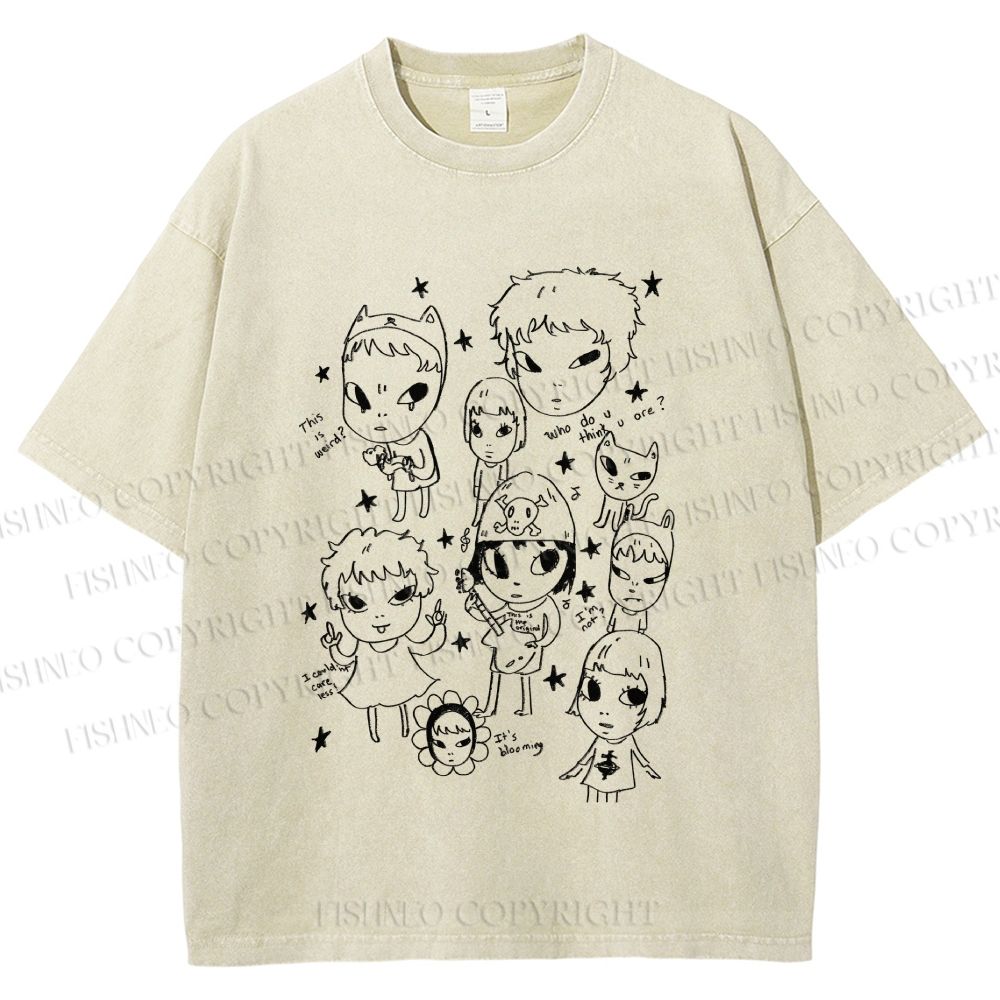 Unisex Yoshitomo Nara Graffiti Printed Washed Tee