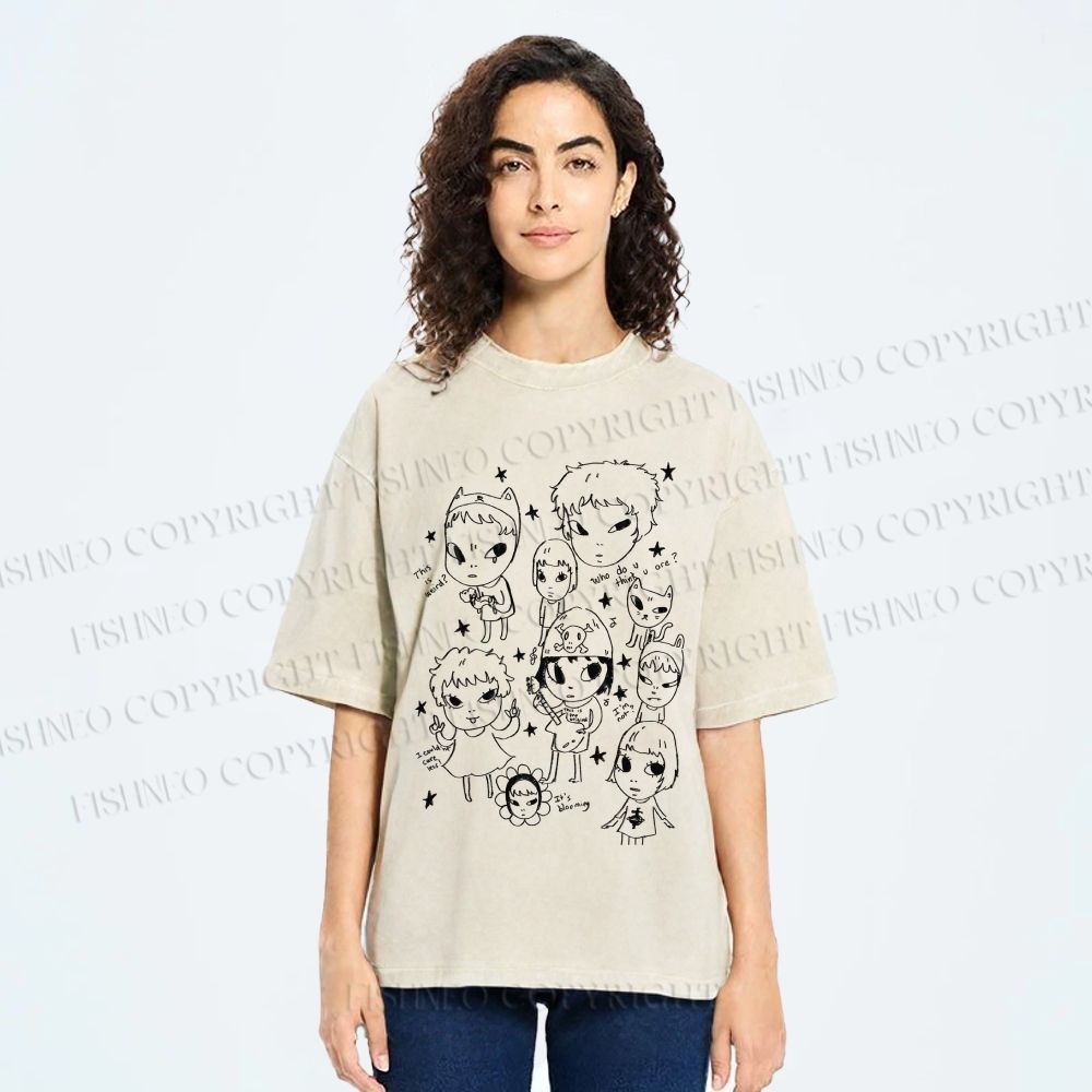Unisex Yoshitomo Nara Graffiti Printed Washed Tee