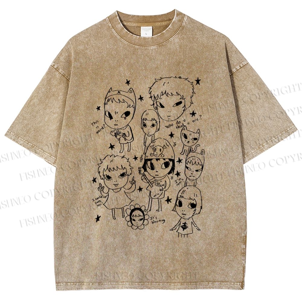 Unisex Yoshitomo Nara Graffiti Printed Washed Tee