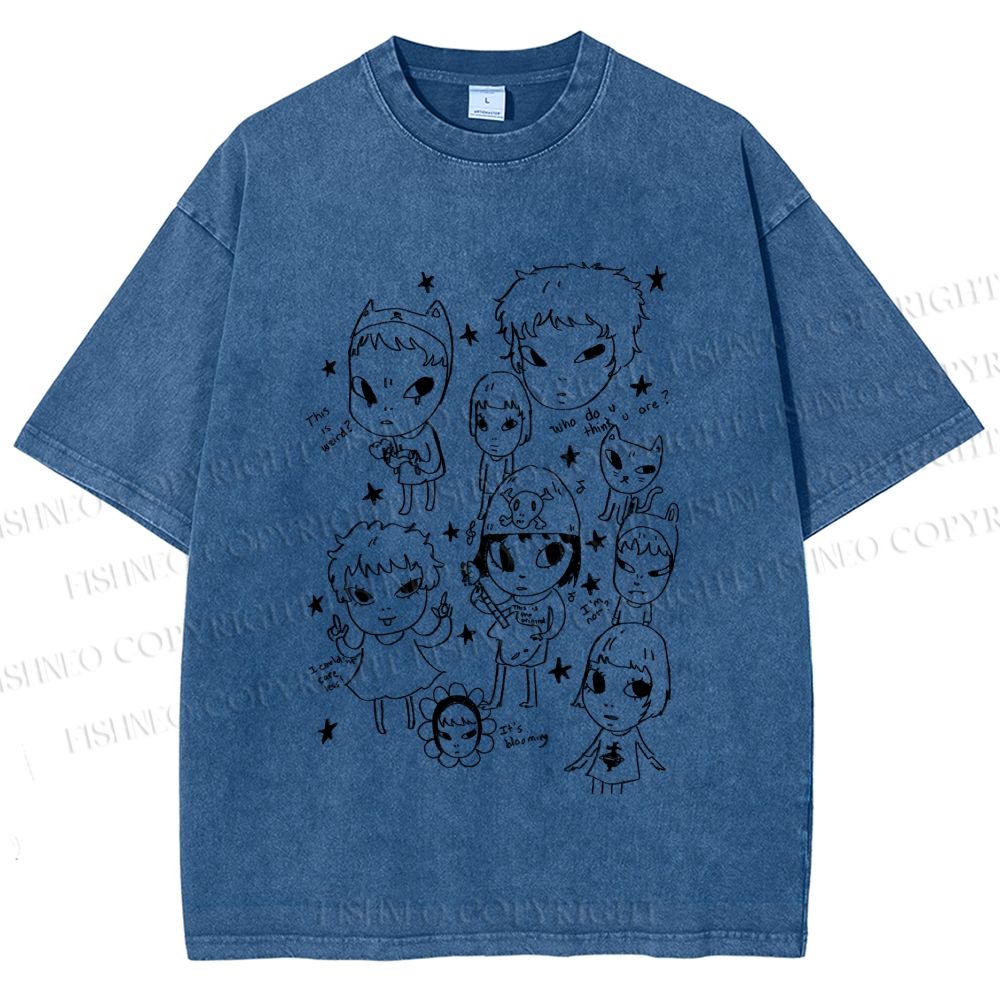 Unisex Yoshitomo Nara Graffiti Printed Washed Tee