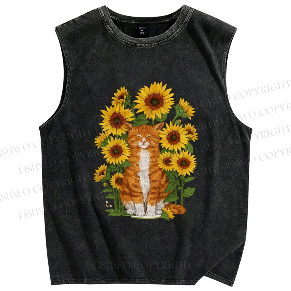Unisex Ginger Cat & Sunflowers Printed Washed Tank Top