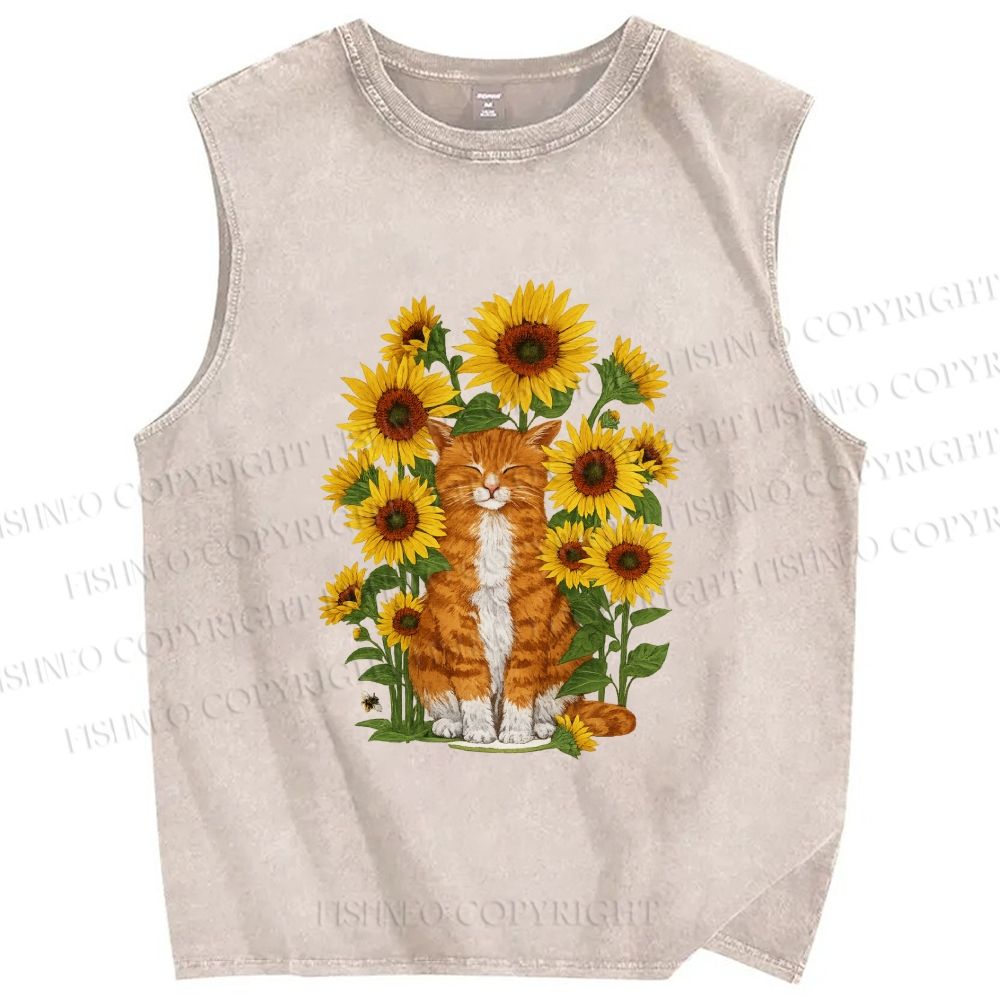 Unisex Ginger Cat & Sunflowers Printed Washed Tank Top