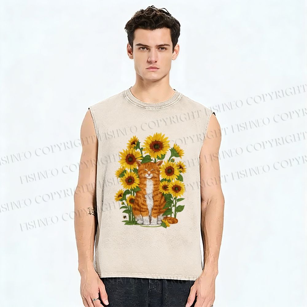 Unisex Ginger Cat & Sunflowers Printed Washed Tank Top