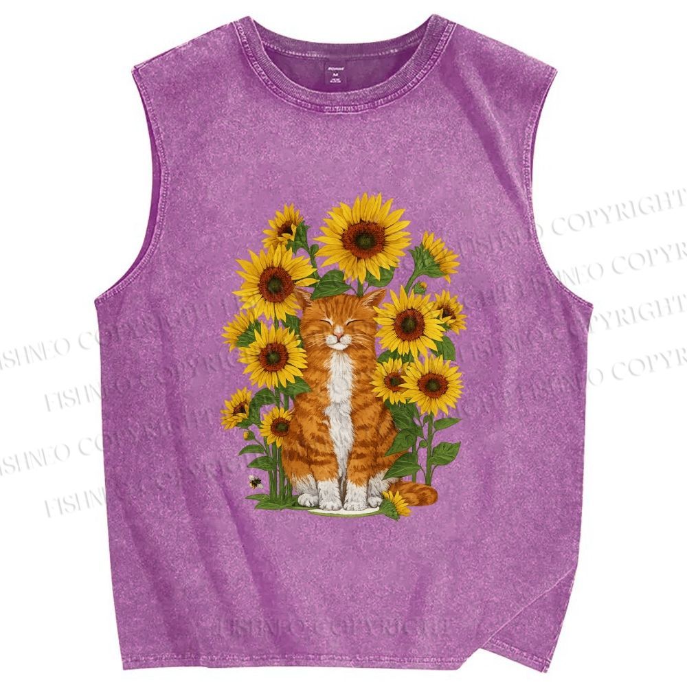 Unisex Ginger Cat & Sunflowers Printed Washed Tank Top