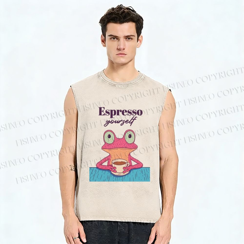 Unisex Espresso Frog Printed Washed Tank Top