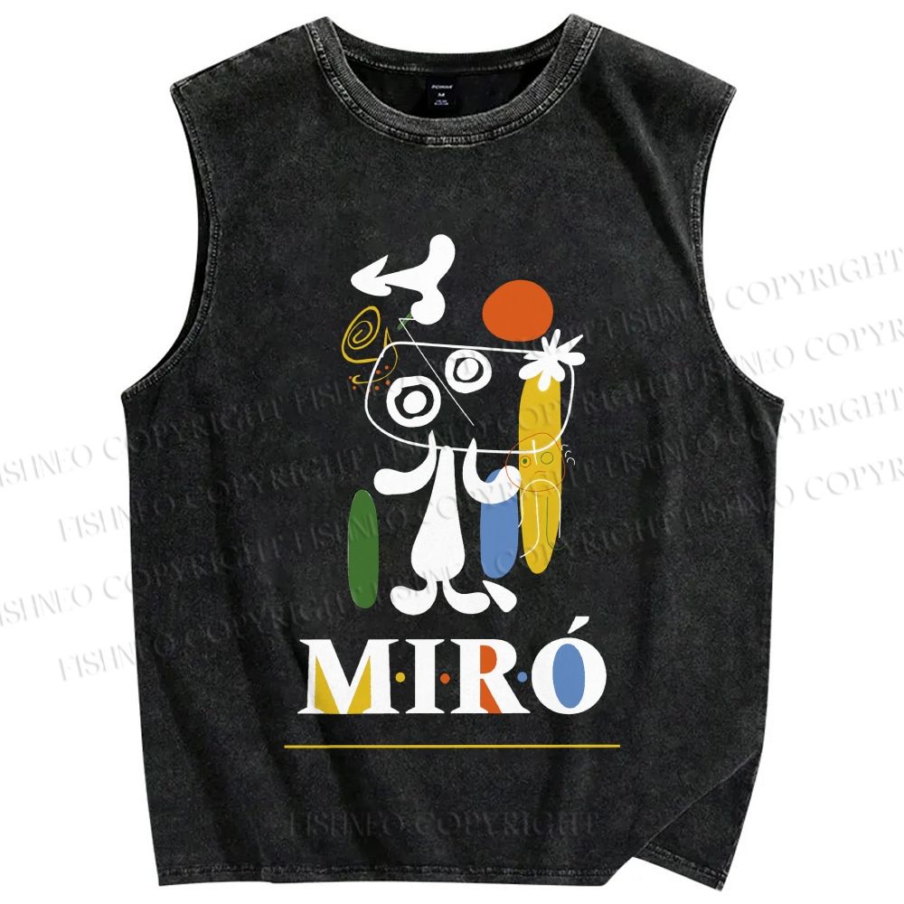 Unisex Joan Miró Style Dog Printed Washed Tank Top