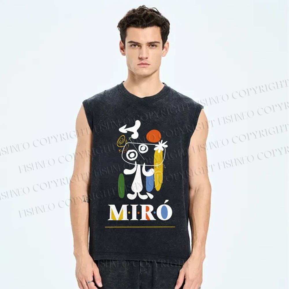 Unisex Joan Miró Style Dog Printed Washed Tank Top