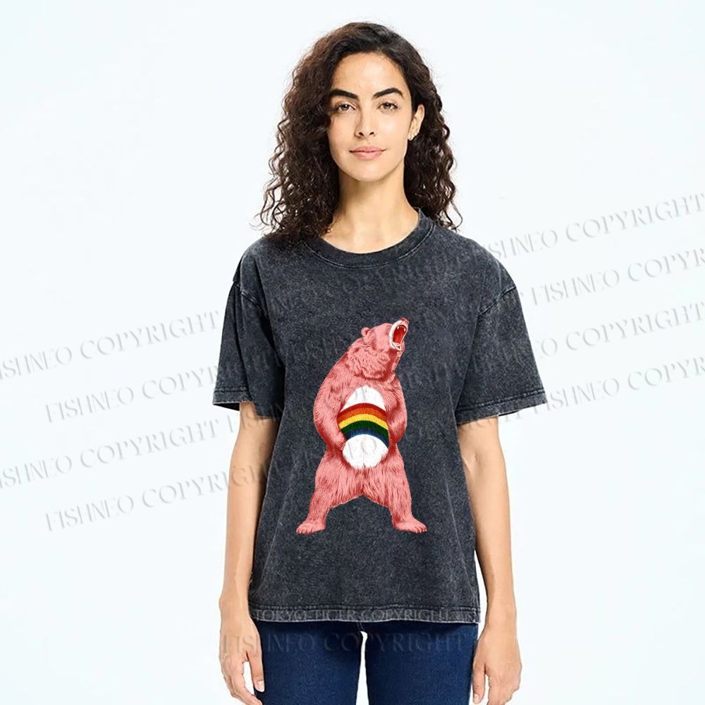 Unisex Pride Pink Bear Printed Washed Tee