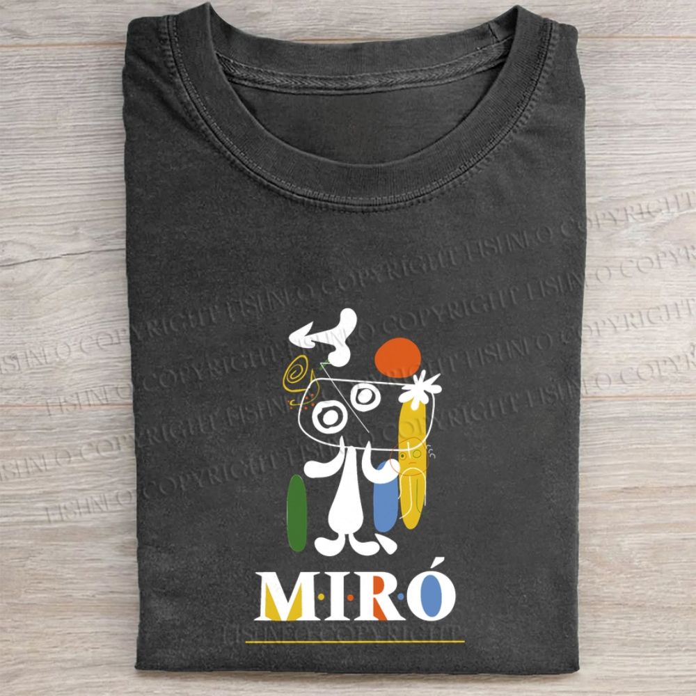 Joan Miró Style Dog Printed Washed Folded T-shirt