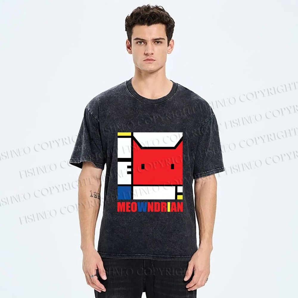Unisex Meowndrian Printed Washed Tee