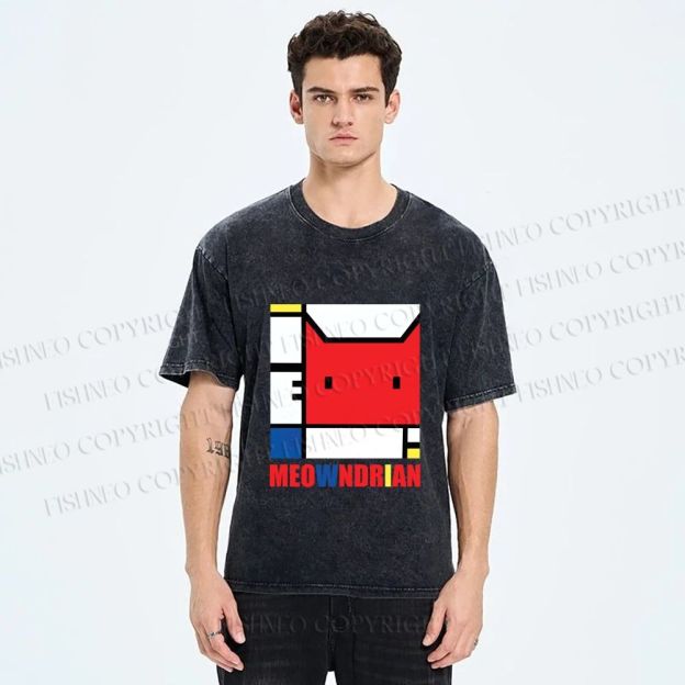 Unisex Meowndrian Printed Washed Tee