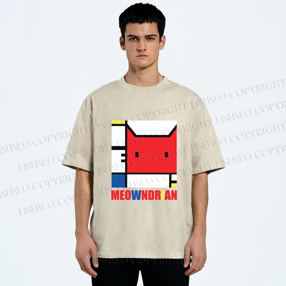 Unisex Meowndrian Printed Washed Tee