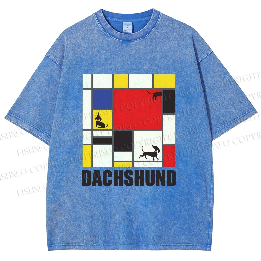 Unisex Mondrian Dachshund Printed Washed Tee