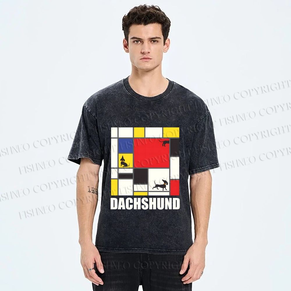 Unisex Mondrian Dachshund Printed Washed Tee