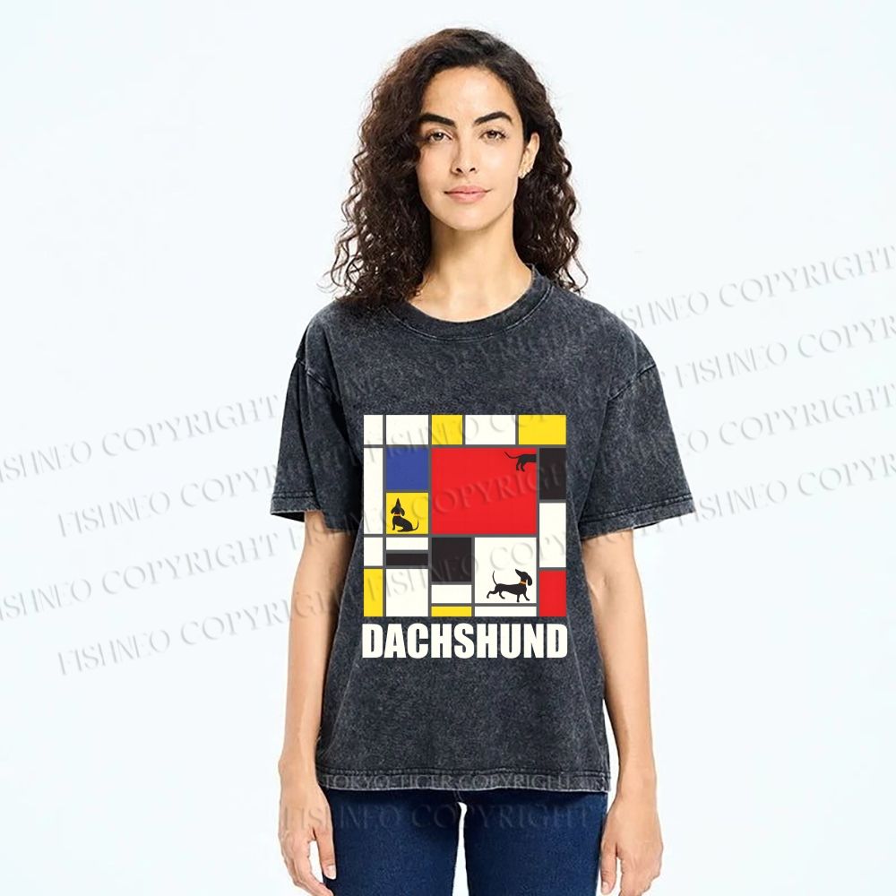 Unisex Mondrian Dachshund Printed Washed Tee