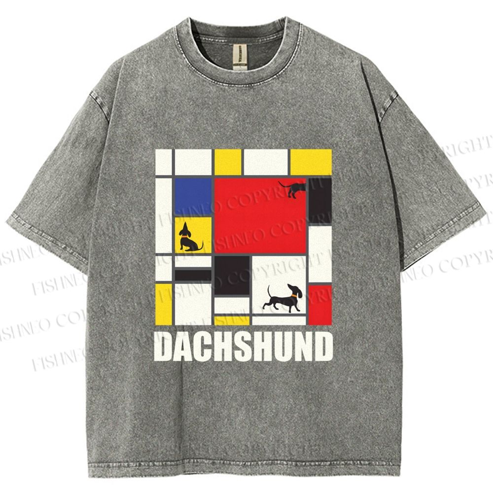 Unisex Mondrian Dachshund Printed Washed Tee