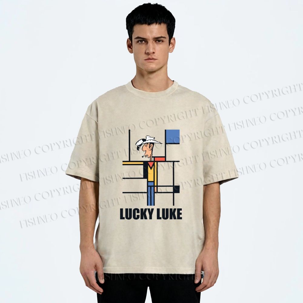 Unisex Lucky Luke Mondrian Printed Washed Tee