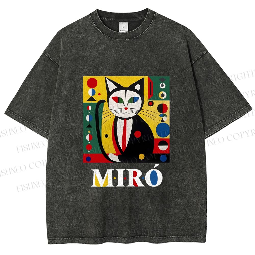 Unisex Joan Miro Style Black Cat Printed Washed Tee