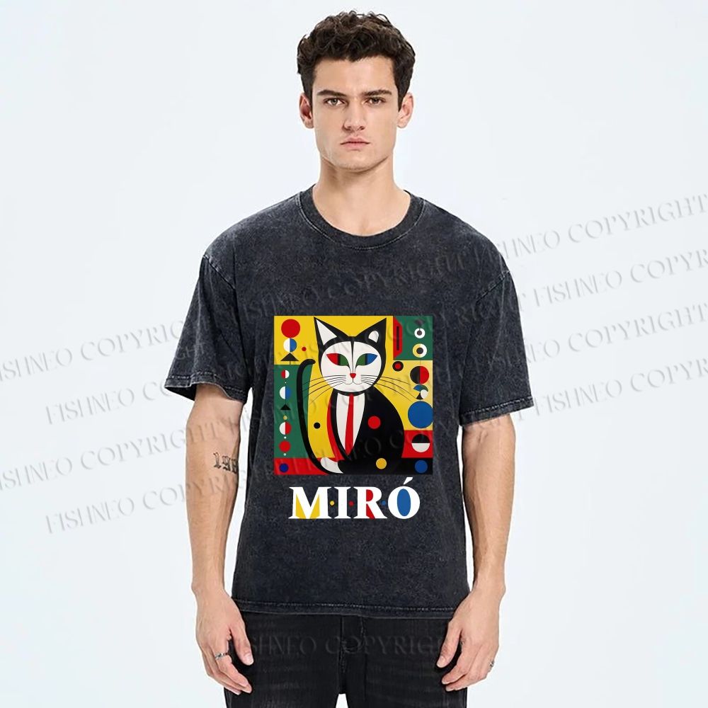 Unisex Joan Miro Style Black Cat Printed Washed Tee