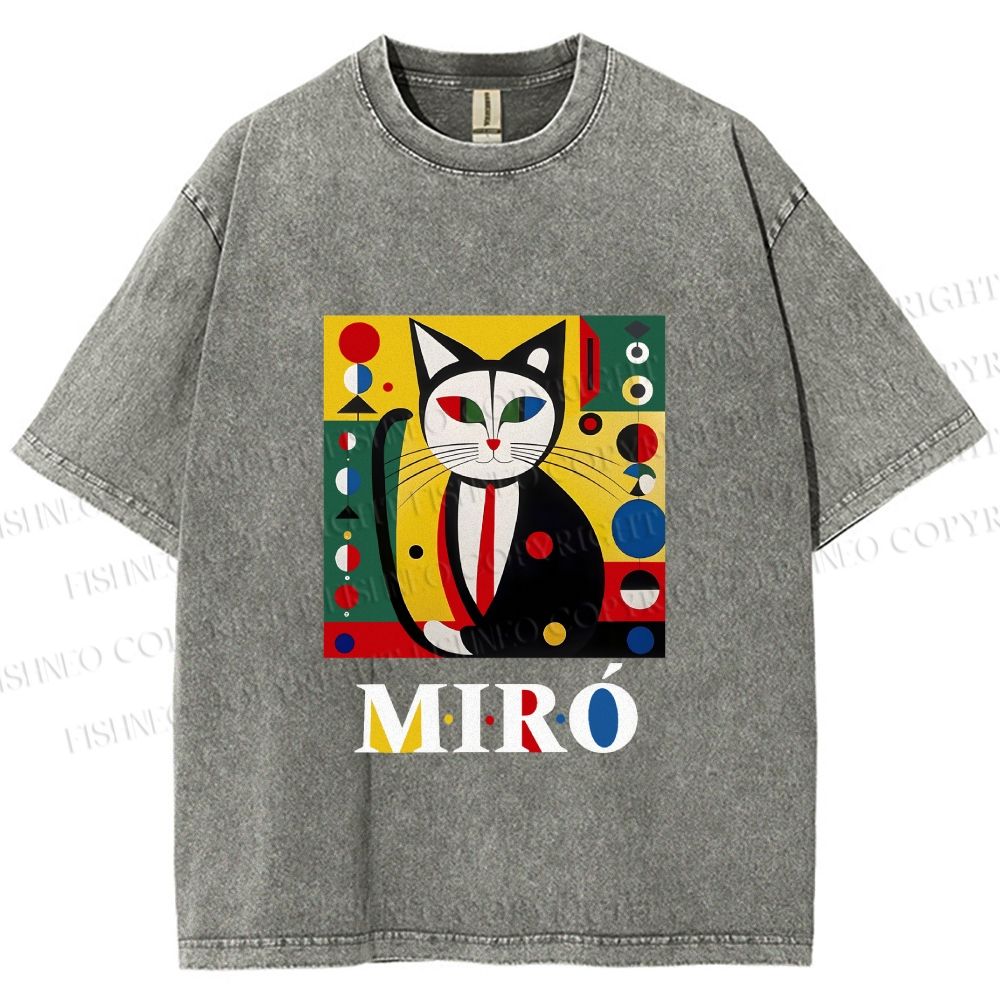 Unisex Joan Miro Style Black Cat Printed Washed Tee
