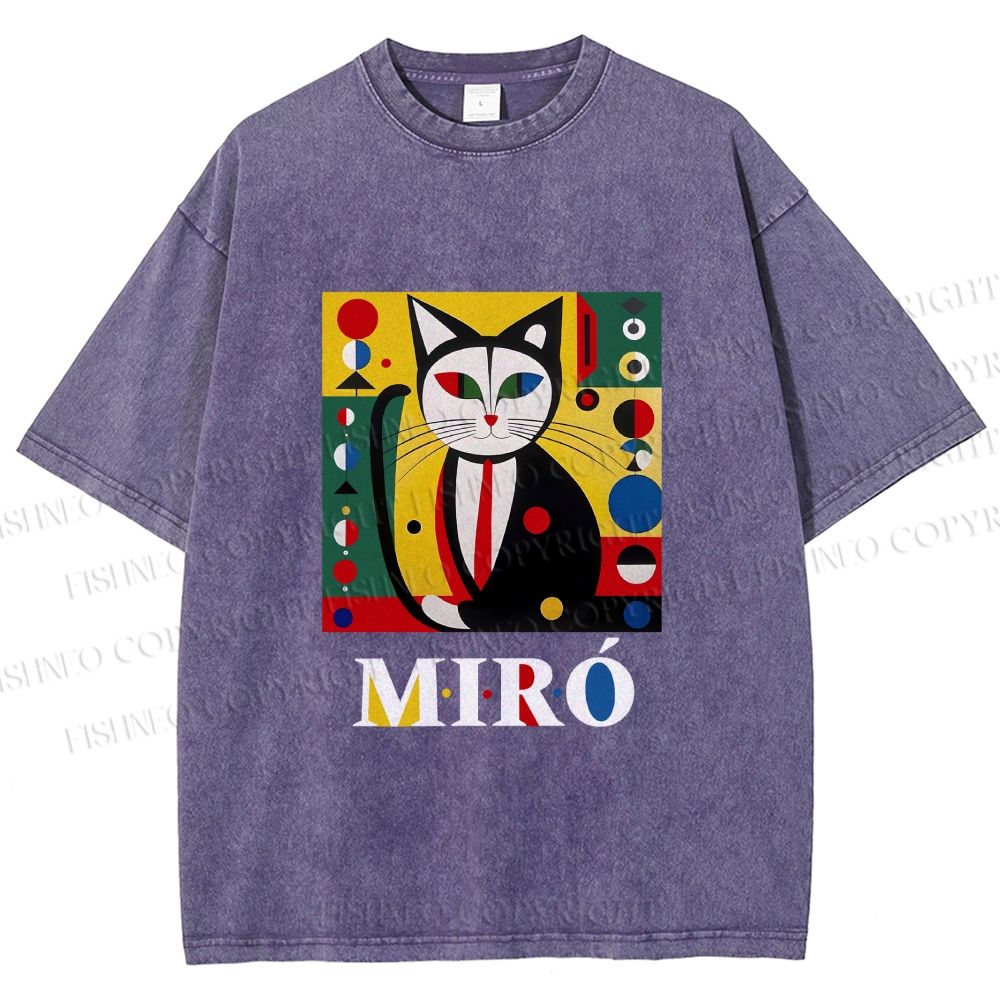Unisex Joan Miro Style Black Cat Printed Washed Tee