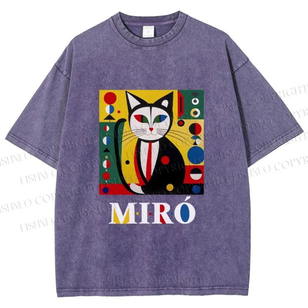 Unisex Joan Miro Style Black Cat Printed Washed Tee