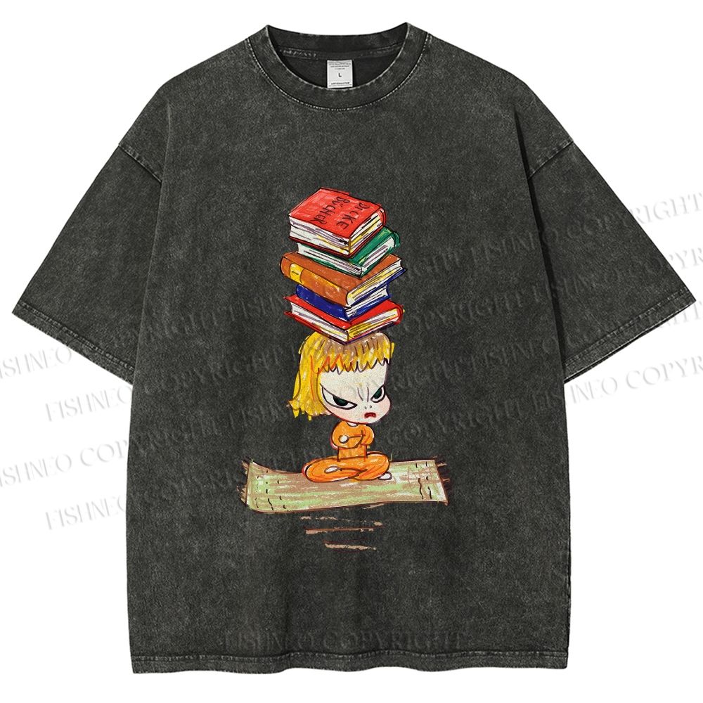 Unisex Yoshitomo Nara Got Books on Head Printed Washed Tee